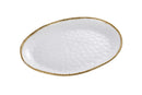White porcelain oval serving platter with a gold beaded rim displayed on a white background.