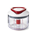 Manual food chopper by Zyliss, featuring a pull-cord mechanism, clear container, and red accents.