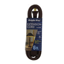 Brown Bright-Way extension cord, coiled and showing its blue and white label indicating "Indoor Use Only," 13A 125V 1625 Watts Max, SPT-2, 16/2 AWG, and a length of 6 feet.