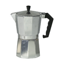 Grey 9-cup aluminum stovetop espresso maker with an octagonal body and black handle, shown on a white background.