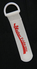 White fabric tag with a plastic ring, printed with the red text "Kosher Fridg-eez" on a dark background.