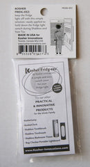 White fabric tag with a plastic ring, printed with the red text "Kosher Fridg-eez" on a dark background.