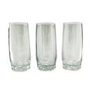 Three clear glass tumblers arranged side by side against a white background. Each glass has a cylindrical shape with a thick, textured base. The glass walls are clear and smooth.