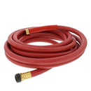 Coiled 50-foot black rubber hot water hose with brass couplings, designed for high-temperature use up to 200°F.