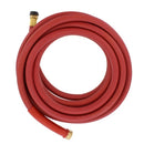 Coiled 50-foot black rubber hot water hose with brass couplings, designed for high-temperature use up to 200°F.