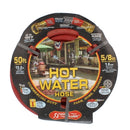 Coiled 50-foot black rubber hot water hose with brass couplings, designed for high-temperature use up to 200°F.