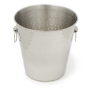 Hammered stainless steel champagne and ice bucket with handle rings on a white background.