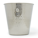 Hammered stainless steel champagne and ice bucket with handle rings on a white background.
