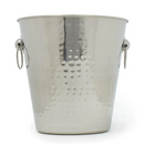 Hammered stainless steel champagne and ice bucket with handle rings on a white background.