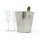 Hammered stainless steel champagne and ice bucket with handle rings on a white background.