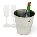 Hammered stainless steel champagne and ice bucket with handle rings on a white background.