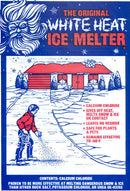 Packaging for 'The Original White Heat Ice Melter,' featuring a blue and red design with an illustration of a bearded figure blowing wind, a house covered in snow, and a person spreading ice melter. The label highlights key benefits, including calcium chloride formula, heat activation, no residue, and safety for plants and pets.