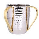 Silver stainless steel wash cup with hammered texture and decorative gold-toned handles.