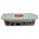Pyrex 9x13 inch deep clear glass baking dish with sage-colored plastic lid and wide side handles, shown on a white background.