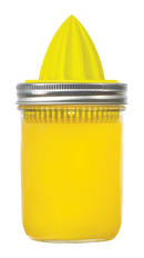 Yellow citrus juicer lid for wide mouth mason jars with built-in reamer and strainer on a white background.