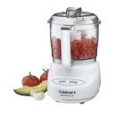 A white Cuisinart Mini-Prep Plus food processor with a clear plastic work bowl and lid. The control panel on the base has buttons for "Chop" and "Grind". The "Cuisinart" logo and "MINI-PREP PLUS" are printed in white on the front.