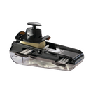 A Starfrit Easy Mandoline Slicer with a potato being sliced. Thin slices of potato are visible in the clear container below the black slicing platform. The mandoline has different blade attachments.