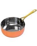 Gibson Home Rembrandt 4.7 inch stainless steel mini frying pan with a copper exterior and brass-tone handle.