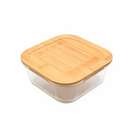 800ML rectangular glass food container with a concave bamboo lid, displayed on a white background.