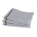 Stack of folded black checkered kitchen dish towels.