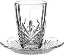 Mini Dublin Crystal Kiddush cup and saucer set with platinum rim, displayed on a white background.