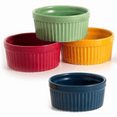 4oz round ceramic ramekin in assorted colors (red, blue, green, or yellow) on a white background.