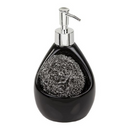 Black soap dispenser with built-in sponge holder and wire sponge on a white background.
