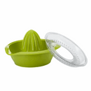 manual citrus juicer with pour spout and handle on a white background.