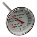 Taylor Precision Products 3504 meat thermometer showing a dial with temperature markings for beef (rare, medium, well), ground beef, and poultry. The thermometer has a stainless steel probe and a round dial face.
