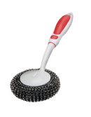 Red Superio grill brush with stainless steel scrubber and long ergonomic handle displayed on a white background.