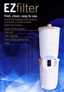 EZ Filter system unit with attached filter cartridge designed for purifying spirits and water on a white background.