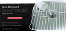  Rust-resistant stainless steel sink protector grid with a white rubber coating, designed to fit a medium-sized sink (12.5 x 16.25 x 0.75 inches). It protects dishes and the sink surface and has raised, non-marring feet and a draining hole.