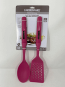This is a Farberware Professional Slotted Turner and Basting Spoon Set, still in its original packaging. The utensils are a vibrant magenta or fuchsia color, featuring what appear to be silicone or nylon heads and comfortable handles. The packaging indicates they are heat resistant and suitable for non-stick cookware.