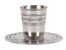 Stainless steel Kiddush cup with a hammered design and gold band, shown with matching saucer on a white background.