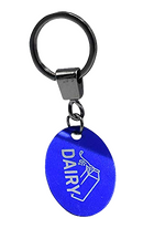 blue Dairy keyrings for labeling kosher kitchen utensils and tools, set on a white background.