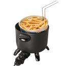 Presto black multi-cooker/steamer with glass lid and basket on a white background.