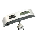 Compact digital hanging luggage scale with an LCD display and metal hook, shown against a white background.