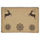 VHC Brands Prancer Reindeer chambray cotton placemats with brown snowflake and reindeer print on white background.