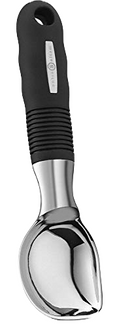 Soltam heavy-duty ice cream scooper with a sleek, solid metal head and ergonomic black handle on a white background.