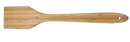 A light brown bamboo cooking spatula with a flat, rectangular head and a long handle featuring a hanging hole at the end.