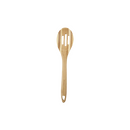A light brown bamboo slotted cooking spoon with three vertical slots in the head and a small hole at the end of the handle for hanging.