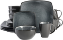 A 16-piece gray stoneware dinnerware set featuring square plates, bowls, and mugs.