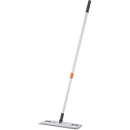 A flat floor mop with a telescopic silver pole, a comfortable black handle grip with an orange section, and a wide, flat gray microfiber pad attached at the bottom for efficient cleaning.