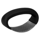 Black-handled stainless steel garlic rocker press with perforated base on a white background.