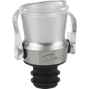 Trudeau Wine Pourer and Stopper, featuring a silver body with clear plastic handles and a black rubber stopper, designed for pouring and preserving wine.