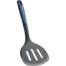 Trudeau Silicone Pancake Turner with a dark grey slotted head and a blue handle with a hole for hanging.
