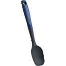 A Trudeau kitchen spatula with a black silicone head and a blue handle with a hanging hole at the end. The spatula is shown against a white background.
