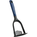Blueberry and grey silicone potato masher with ergonomic handle, shown upright on a white background.