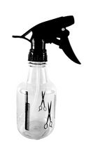 Clear plastic spray bottle with a black trigger handle, featuring black silhouettes of a comb and two pairs of scissors.