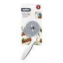 A Zyliss Sharp Edge Pizza Cutter in its original packaging. The cutter features a stainless steel blade with a gray safety guard and a white ergonomic handle. The packaging is white and gray with the Zyliss logo and product name clearly visible. An inset image shows the cutter in use.